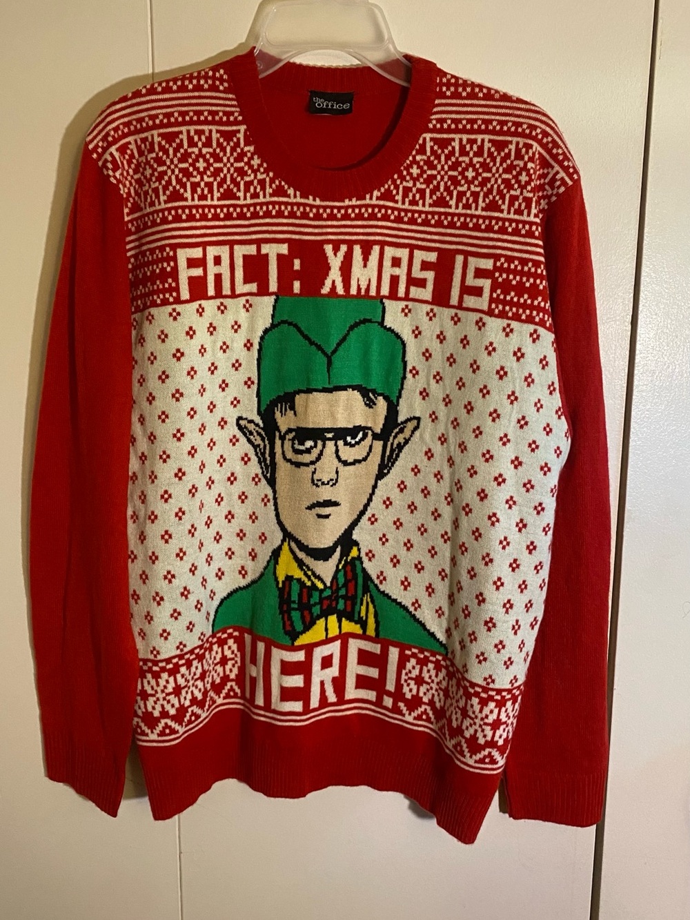 OFFICE Red and White 'Fact: XMAS Is Here!' Elf Crewneck Sweater